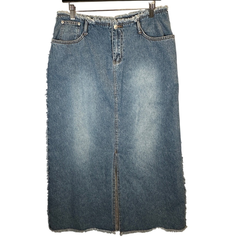 Carolina Blues Vintage Y2K Frayed Denim Maxi Skirt Blue Raw Hem 90s